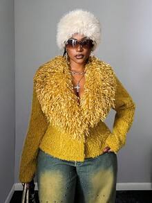 Maweii Vintage Knit Collar Plus Size Jacket, Christmas Red Party - Yellow - View 4