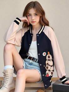 Tween Girl Casual Street Chic College Style Cute Cartoon Animal Print Contrast Raglan Sleeve Baseball Jacket, Autumn Fall Winter