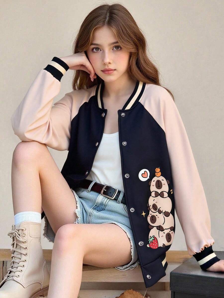 Tween Girl Casual Street Chic College Style Cute Cartoon Animal Print Contrast Raglan Sleeve Baseball Jacket, Autumn Fall Winter