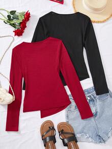 Teen Girl Plain Round Neck Long Sleeve Ruched Asymmetric Hem T-Shirt - Multicolor - View 2