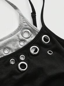ROMWE J-Fashion Top de tirantes con decoración de ojales, estilo callejero chic Y2K para mujeres, estilo Kpop - Negro - Ver 3