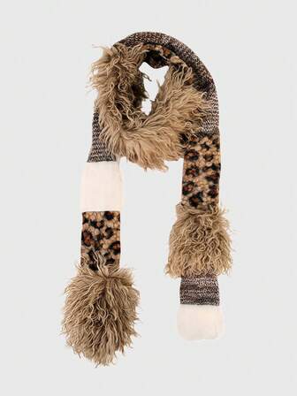 Anime 1pc Brown Y2K Babe Retro Autumn/Winter Leopard Print Patchwork Fuzzy Scarf, Versatile Fashion Accessory For Women, Suitable For Dates, Campus, Travel And More