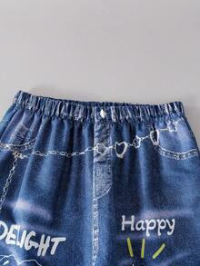 Sparklyn 少女休闲百搭日常涂鸦图案连帽短款卫衣+牛仔风涂鸦宽松裤套装 - 彩色 - 查看 4