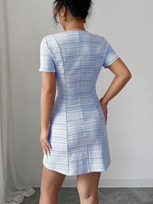 Elenzga فستان أنيق ذو ياقة مربعة وأكمام قصيرة وأزرار أنيقة للسيدات بنمط مربعات