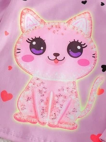 2pcs Young Girls Cute Cat & Heart Glow-In-The-Dark Print Long Sleeve Top And Leggings Pajama Set