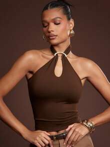 Hauture Áo len không tay hở lưng gợi cảm thời trang dành cho nữ - màu nâu - Xem 1