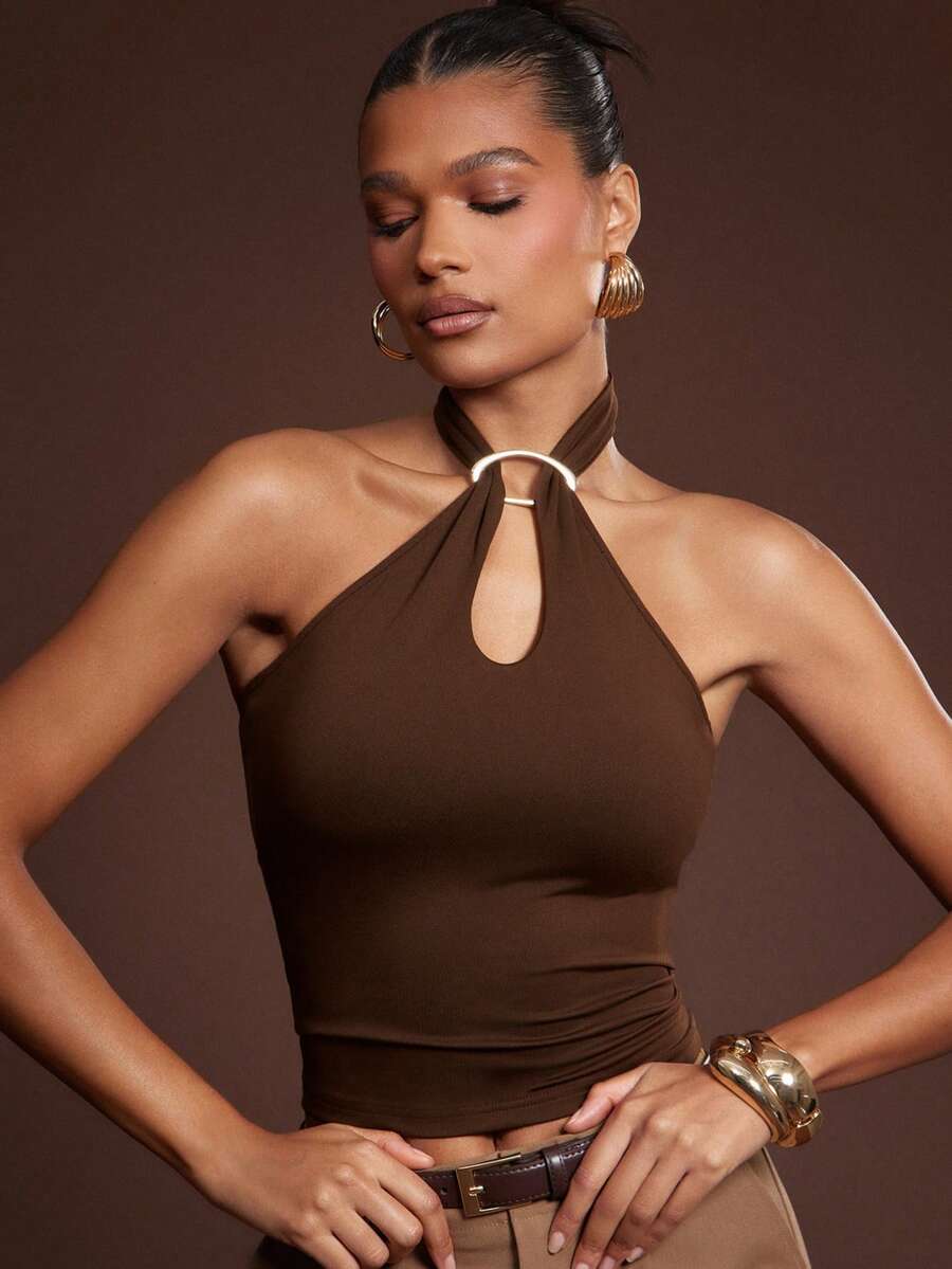 Hauture Áo len không tay hở lưng gợi cảm thời trang dành cho nữ - màu nâu - Xem 1