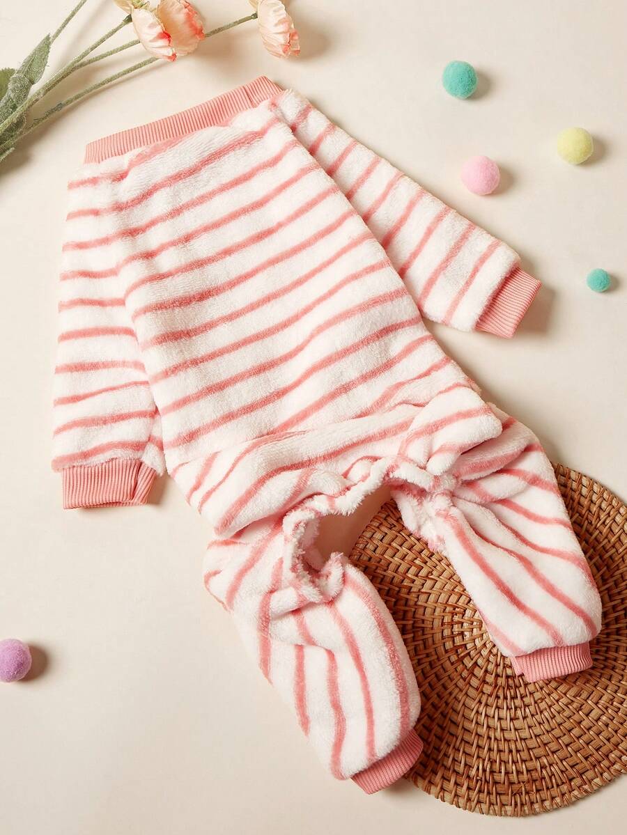 PETSIN 1件装宠物猫狗通用粉色条纹经典时尚秋冬毛绒保暖舒适圆领狗狗连体衣 - 彩色 - 查看 1