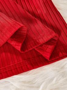 Elladie kids 2pcs Girls Frill Trim Round Neck Long Sleeve T-Shirt And Plaid Shorts Set, Spring/Autumn Autumn/Winter Princess Halloween/Christmas Party Dresses - Red - View 7