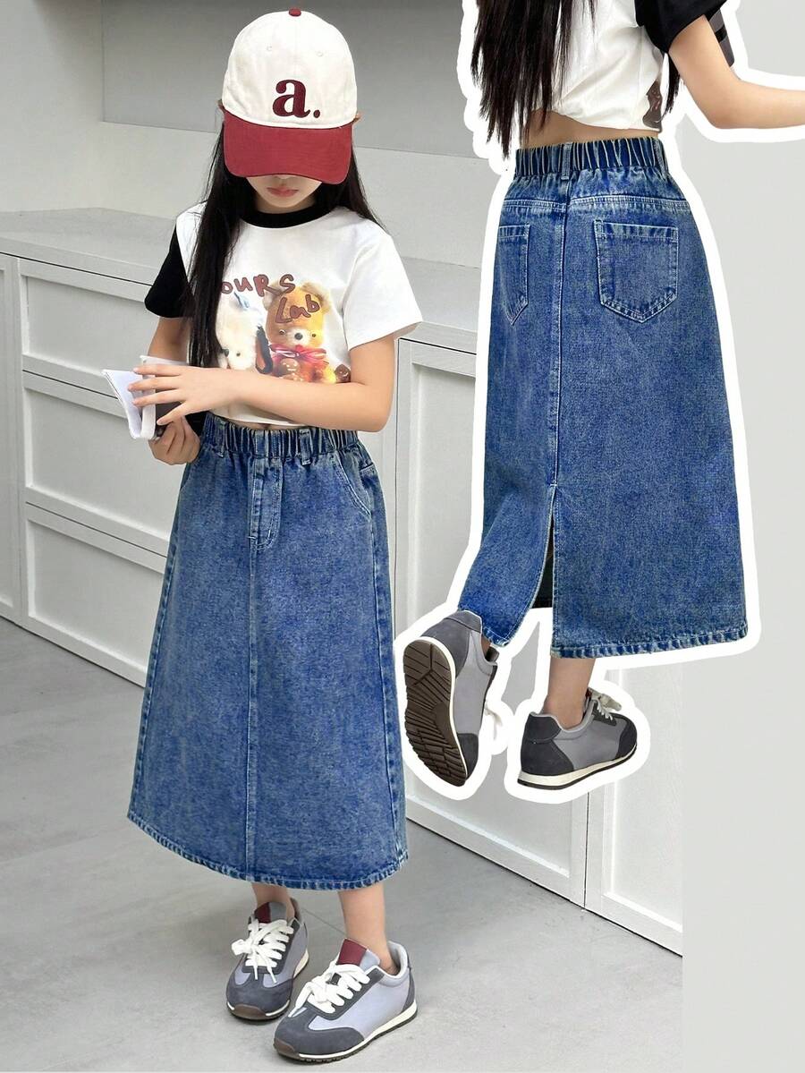 SHEIN Genkimix Kids Tween 女童深色水洗牛仔 A 字裙，甜美休闲舒适的夏季校园风！采用柔软的深蓝色水洗牛仔面料制成，配有松紧腰带，方便穿着。A 字廓形和后开衩设计，打造休闲时尚造型。适合日常外出、校园、返校、旅行等场合，打造休闲又不失时尚的造型！ - 深色水洗藍 - 查看 1