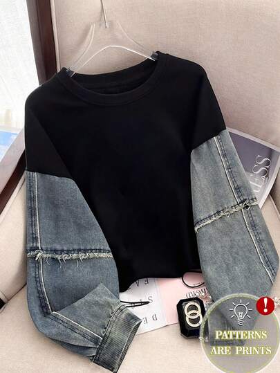 Resyla Women's Plus Size Denim Effect Crew Neck Casual Sweatshirt