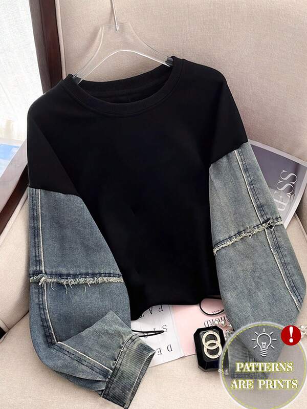 Resyla Women's Plus Size Denim Effect Crew Neck Casual Sweatshirt