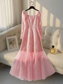 Franclia فستان أنيق للنساء بياقة مربعة وتصميم جاكار شبكي وقصة A-line بأكمام طويلة، مناسب للأعراس والعطلات والحفلات والمناسبات الأخرى