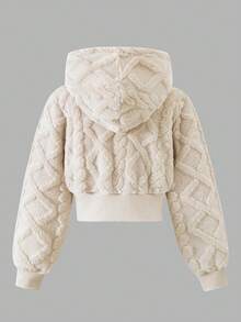 Sparklyn 1pc Teen Girl Hooded Zip-Up Short Cardigan Jacket, Long Sleeve, Knitted Jacquard Fabric, Autumn - Apricot - View 2