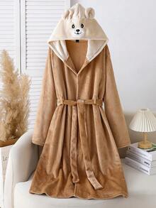 Men's Cozy Khaki Simple Hooded Long Sleeve Long Robe, Fluffy Bathrobe, Winter - Khaki - View 8