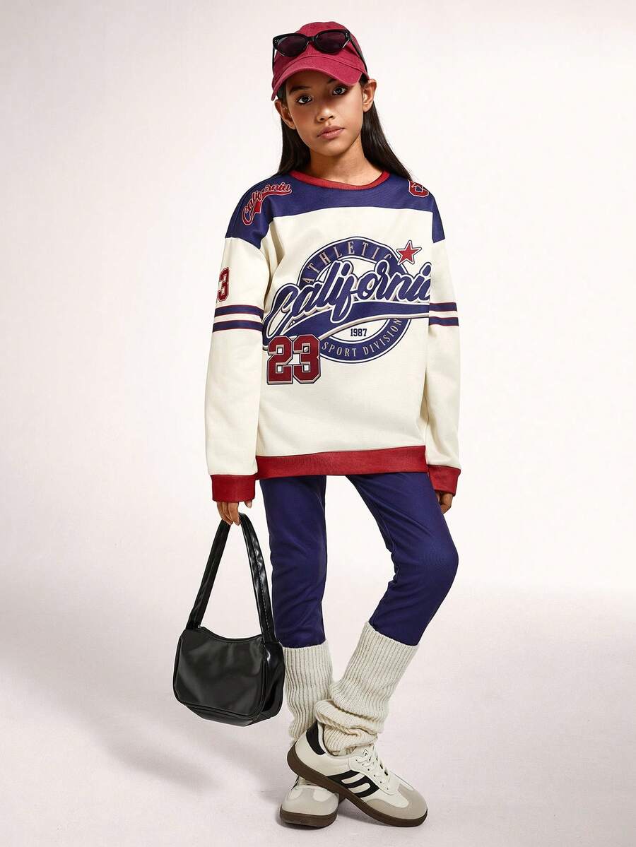 Radiana Tween Girl Casual Retro Letter & Number Badge Graphic Sweatshirt And Leggings 2 Pieces Set, Collegiate Style, Back To School, Fashion Sportswear, Crew Neck Comfortable Long Sleeve, Suitable For Autumn/Winter Fall - Multicolor - View 1