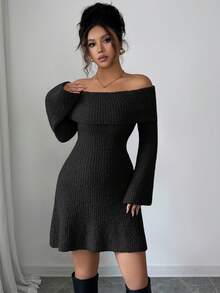 Elenzga Soft & Comfortable Off Shoulder Flare Sleeve Khaki Circular Gauze Texture Casual Elegant Fashion Mini Sweater Dress, Suitable For Multiple Occasions - Black - View 4