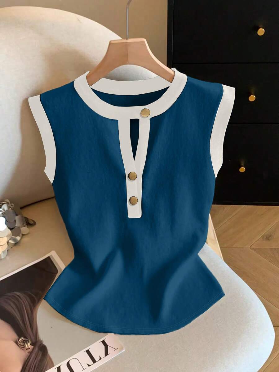 GlowEve 女式撞色圆领镂空设计纽扣休闲背心 - 藍色 - 查看 1