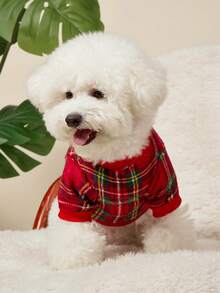 PETSIN 1 件宠物猫狗通用经典红色格子时尚印花毛绒保暖弹力舒适狗狗圆领 - 彩色 - 查看 4