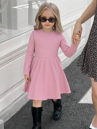 Elladie kids Tween Girls' Sweet & Cute Round Neck Long Sleeve Minimalist Pink Casual Dress