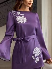 ZEYLAH Women's Bell Sleeve Top And Bell Bottom Pants Set - Purple - View 5