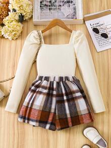 Sparklyn Tween Girl Off Shoulder Long Sleeve Top And Plaid Skirt Set, Autumn/Winter - Multicolor - View 2