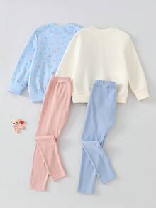 2 Stücke/Set Mädchen Minimalistischer blauer, weißer, rosa einfarbiger gerippter Langarm Sweatshirt und Hose Set - Verschiedenfarbig - Übersicht 2