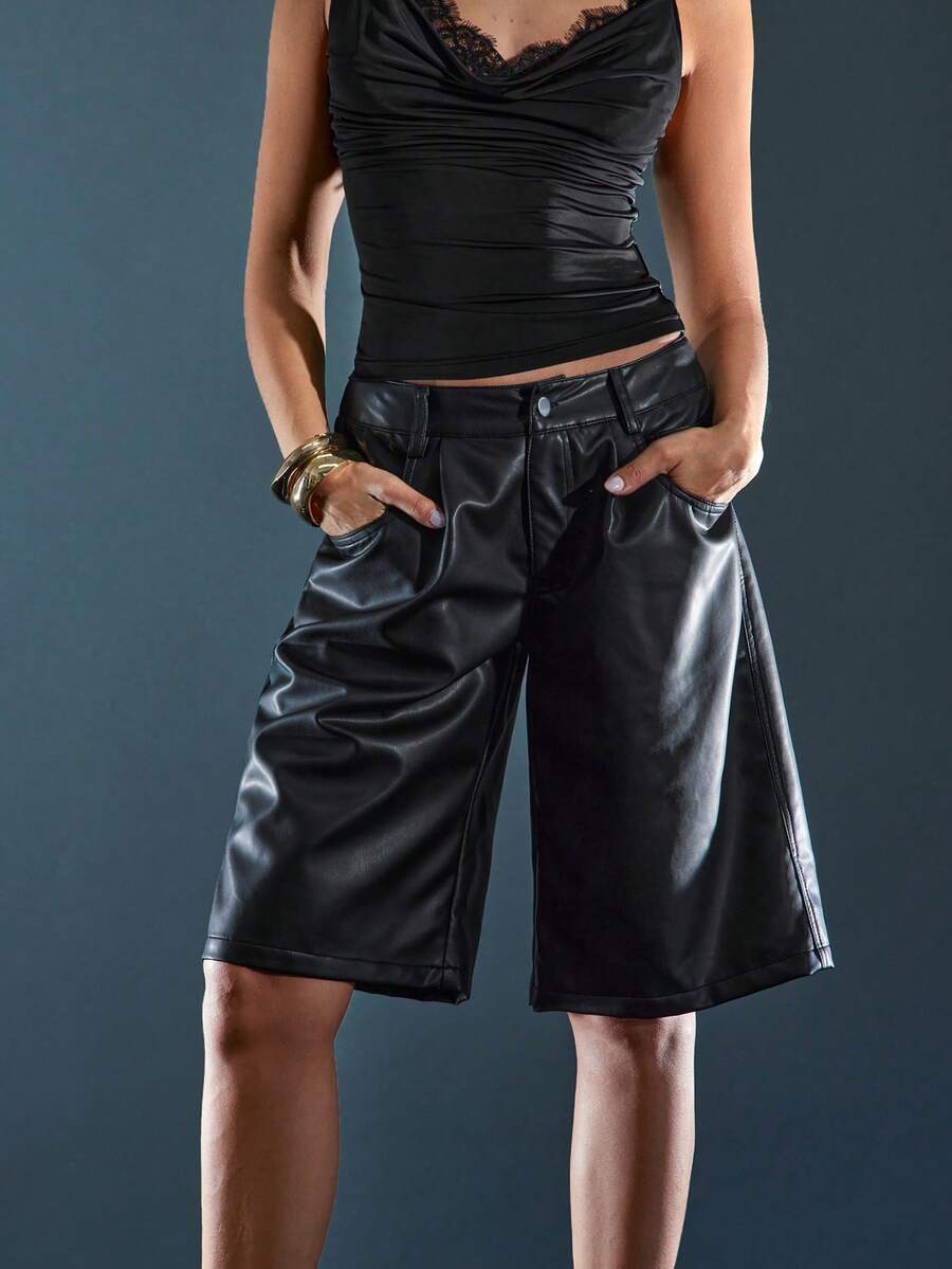 Denimoi Faux Leather Jorts Fall And Winter Fashion GNO Date Night Going Out Styles Fashionable - Black - View 1