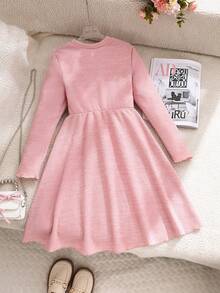 Elladie kids 少女甜美可爱圆领长袖简约粉色休闲连衣裙 - 粉色 - 查看 3