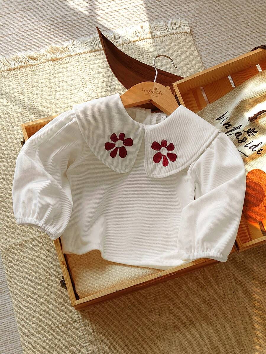 SHEIN Vintaside Kids 1 件幼儿女童舒适休闲韩版翻领 3D 刺绣天鹅绒长袖上衣，适合春秋冬日常穿着 - 白色 - 查看 1