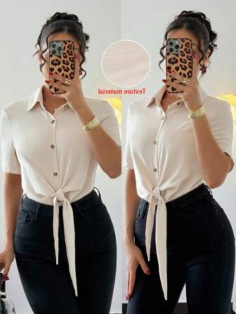 Rafferiza 休闲时尚优雅通勤日常百搭打结腰翻领短袖纹理杏色女衬衫，春夏