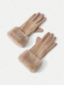 Khaki Thickened Warm Five-Finger Leather Gloves, Autumn/Winter - Khaki - View 8