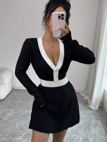 Selianne 女式拼色深V领长袖纽扣设计优雅针织连衣裙 - 黑色 - 查看 5