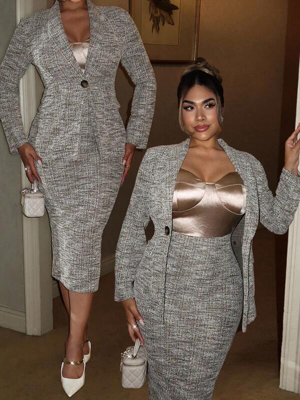 Xyvia Women's New Elegant Chic Christmas, Halloween, Thanksgiving, New Year Party, Casual, Commute Stretchy Satin Camisole Dress And Jacket Suit, Fashionable Outfit