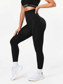 Seamluxe SHEIN Sport Women's Solid Color High Waist Casual Slim Fit Seamless Pocket Leggings - Black - View 4