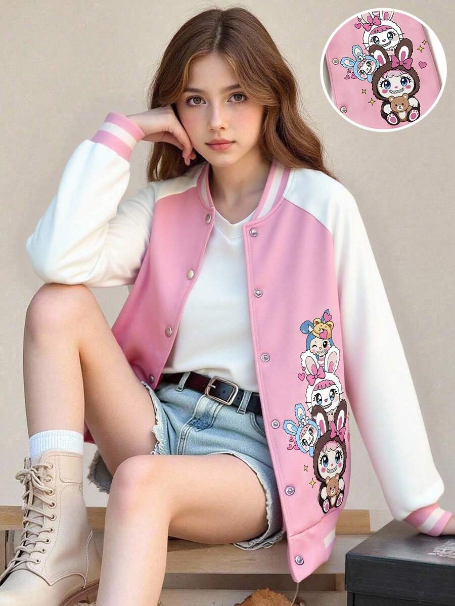 少女卡通印花撞色长袖休闲棒球夹克，秋季 - 彩色 - 查看 1
