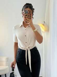 Rafferiza Casual Fashion Elegant Commuting Daily Versatile Knot Waist Lapel Short Sleeve Textured Apricot Blouse For Women, Spring/Summer