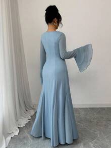 Rafferiza 女式蓝色方领双层荷叶边袖口长款秋千连衣裙