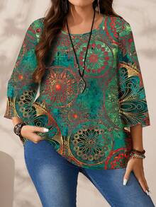 EMERY ROSE Plus Size Women Casual All-Over Print Round Neck Loose 3/4 Sleeve Shirt, Autumn/Winter - Multicolor - View 7