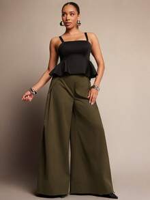 Vixey High Waist Pleated Side Wide Leg Cuffed Office Pants
