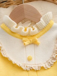 SHEIN 女婴撞色领长袖休闲针织蕾丝花边前按扣连体衣 - 黃色 - 查看 3