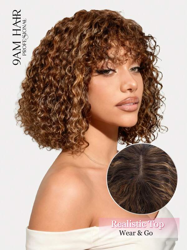 Wear & Go Curly Bob Wig With Bangs 100% Human Hair Highlight P4/30/27 Glueless Mini Lace Short Curly Bob Bang Wig 10-14 Inch