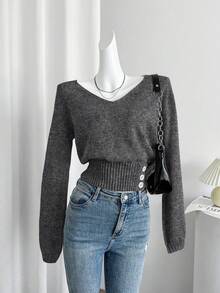 Celisse Women's Solid Color V-Neck Long Sleeve Button Design Casual Sweater, Autumn/Winter - Black and White - View 4