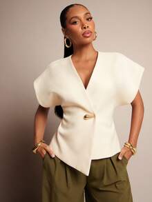 Vixey Solid Textured Woven Asymmetrical Hem Single Button Waistcoat Top