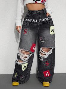 ROMWE Street Life Spring/Summer Y2K Casual Street Style Embroidered Pocket Design Dual Waistband Plus Size Loose Fit Denim Jeans - Black - View 7