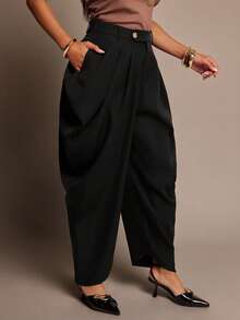 Vixey Women's Solid Color Fashion Loose High Waist Pleated Tapered Pants - Black - View 4