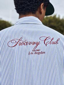 SWAVVY 男士落肩短袖纽扣前开襟休闲宽松衬衫，夏季百搭 - 藍色 - 查看 1