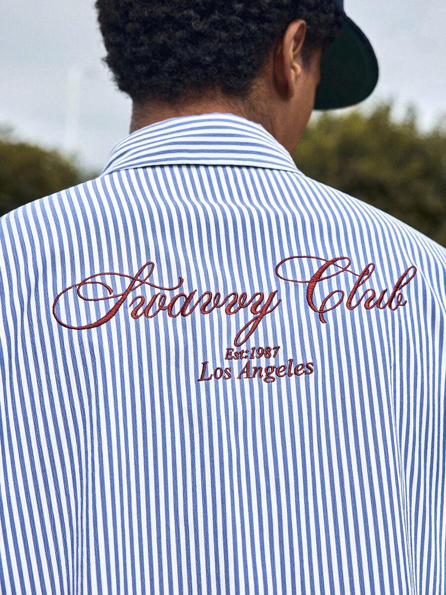 SWAVVY 男士落肩短袖纽扣前开襟休闲宽松衬衫,夏季百搭 - 藍色 - 查看 1