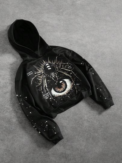 Street Life Men's Spider Print Casual Loose Fit Long Sleeve Hoodie Sweatshirt, Autumn/Winter