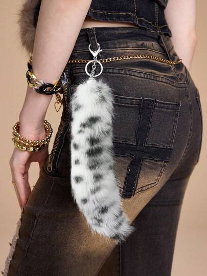 Goth 1 Stück Y2K Retro Stil minimalistisch, lässig, süß, hochwertig, hochwertig, flauschig, LeopMuster-Print in Schwarz und Weiß, Musterh-PrintMusterhs-Print, Wolfsschwanz, Cartoon Fuchsschwanz, großer Schlüsselanhänger Taschenbaumler Accessoire, geeignet für Cosplay, Alltagskleidung, Geschenk